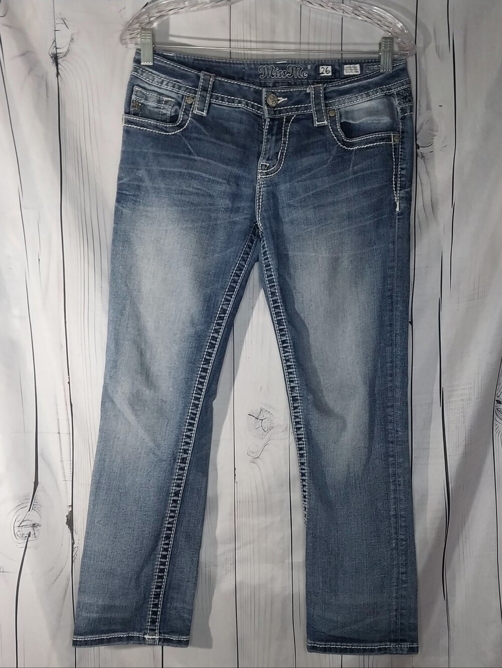 Miss MeMid-Rise Embellished Y2K Western FashionThick Stitch Easy Crop Jeans